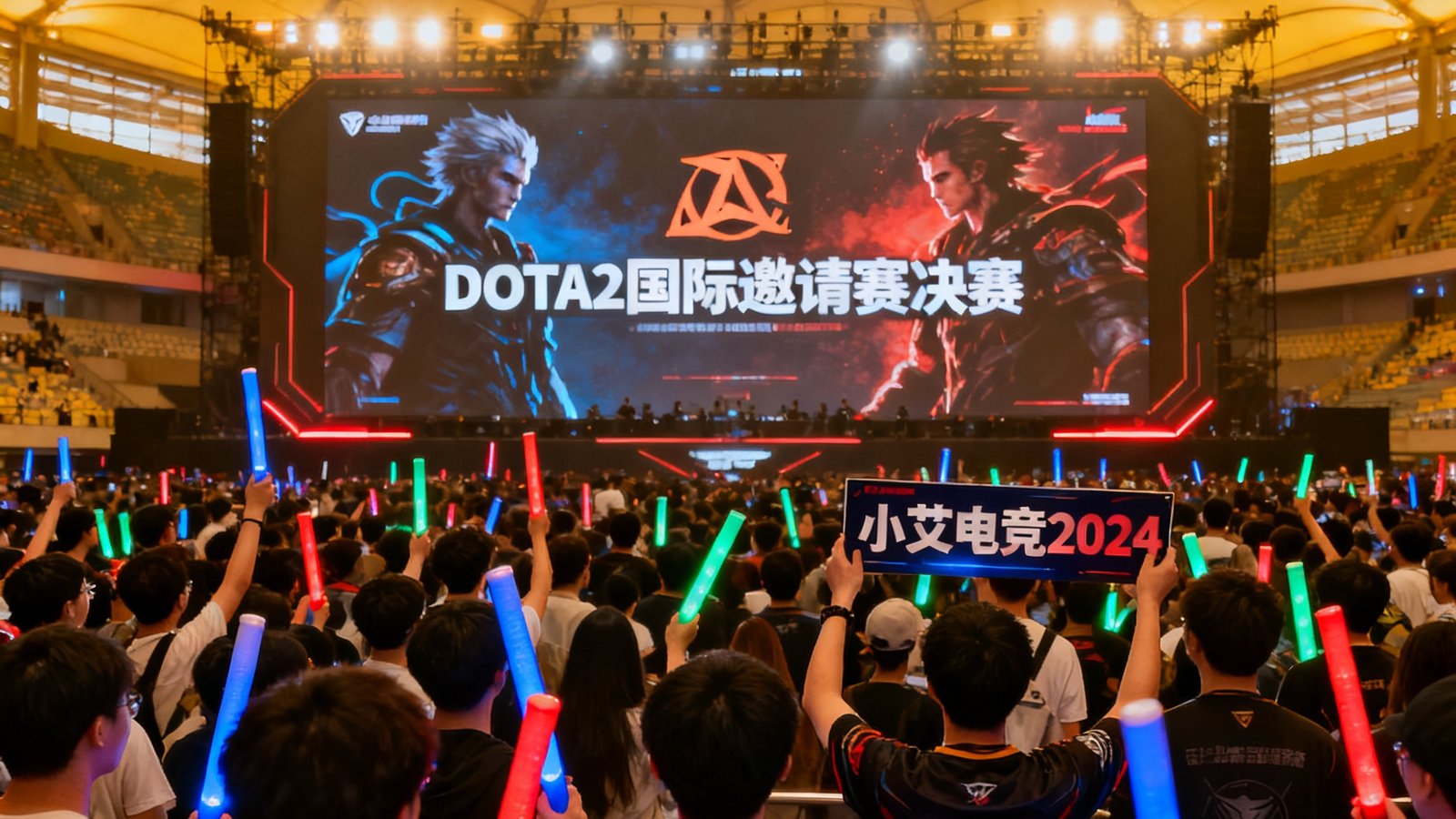 小艾电竞2024年度线下聚会全景照片，数百名玩家聚集在上海某大型场馆中，巨大的LED屏幕正直播DOTA2国际邀请赛决赛，人群挥舞荧光棒气氛达到高潮