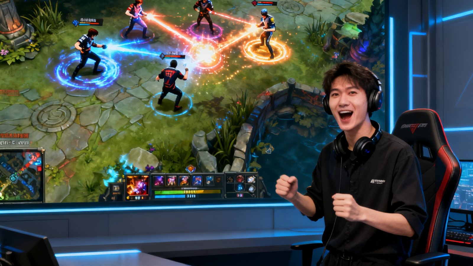 专业电竞直播间内一位主播正激情解说DOTA2团战，屏幕上五位选手紧密配合释放终极技能，弹幕滚动着观众的热烈讨论